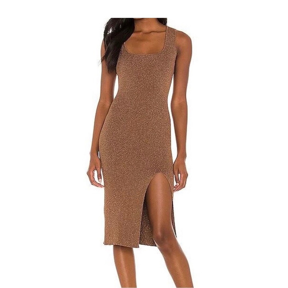 Superdown Bronze Metallic Ribbed Midi Dress Open Back Side Slit Brown Medium